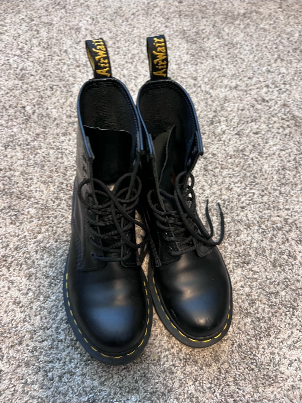 Dr. Martens Black Leather Lace-Up 1460 Combat Boots with Yellow Stitching